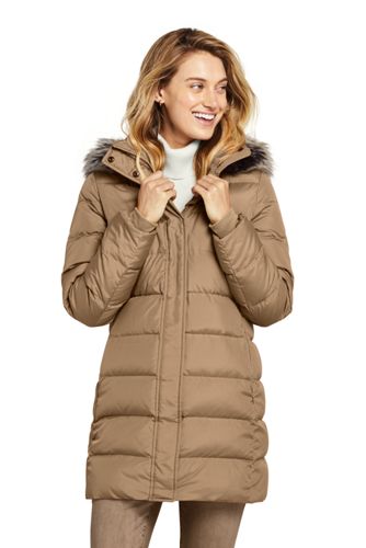 lands end women's winter long down coat with faux fur hood