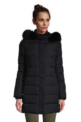 lands end women's winter long down coat with faux fur hood