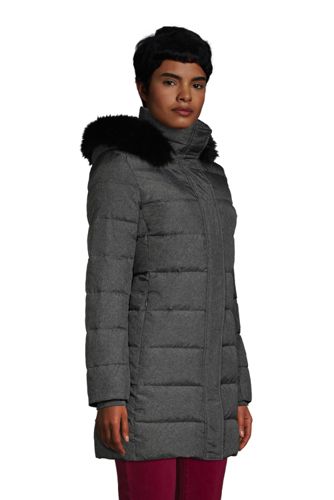 lands end women's winter long down coat with faux fur hood