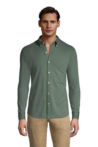 【ランズエンド LANDS' END】メンズ・スーパーＴ・ニット・ドレスシャツ／長袖/XS/グリーン