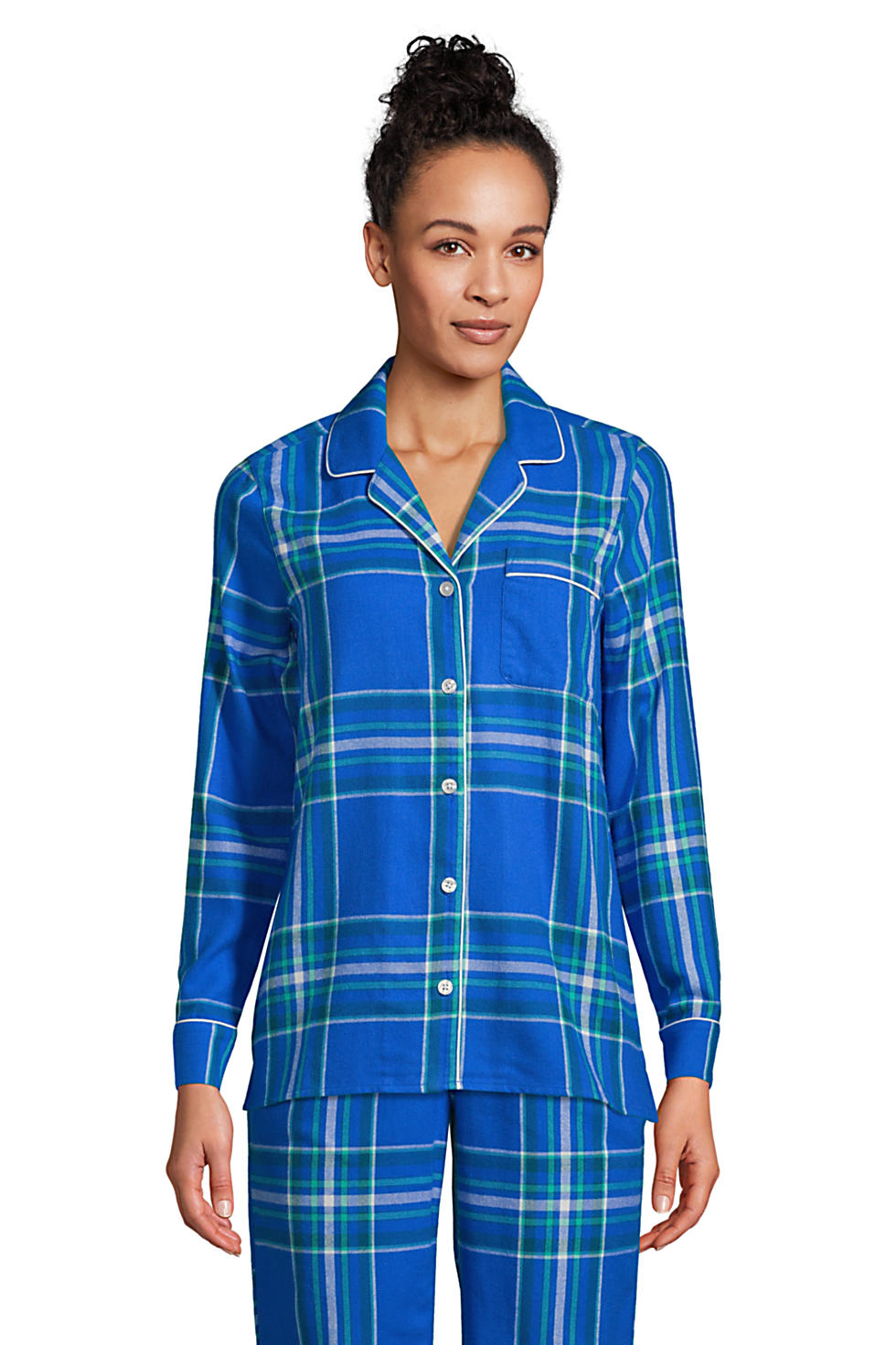 Lands End Women's Long Sleeve Print Flannel Pajama Top (Royal Cobalt Artisan Plaid)
