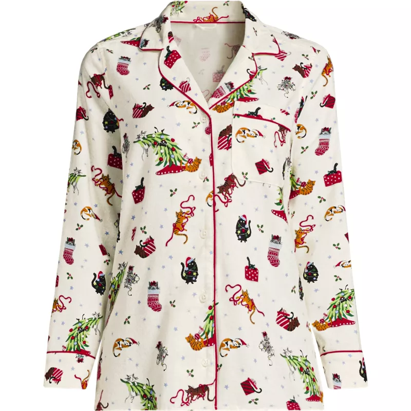 Women's Petite Long Sleeve Print Flannel Pajama Top, Front