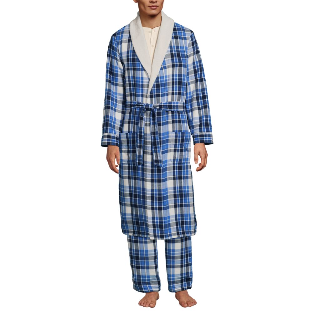 Lands' End Men's High Pile Fleece Lined Flannel Robe - Large - Muted Cobalt Blue Plaid