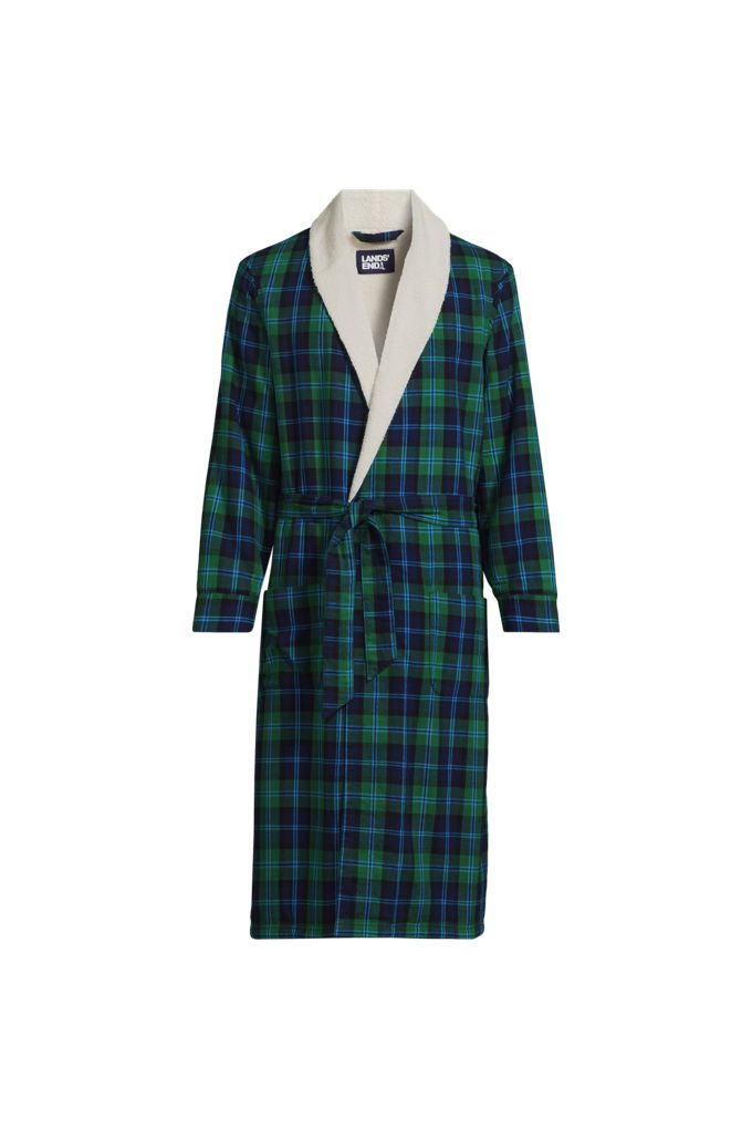 Lands' End Men's Sherpa Fleece Lined Flannel Robe In Green