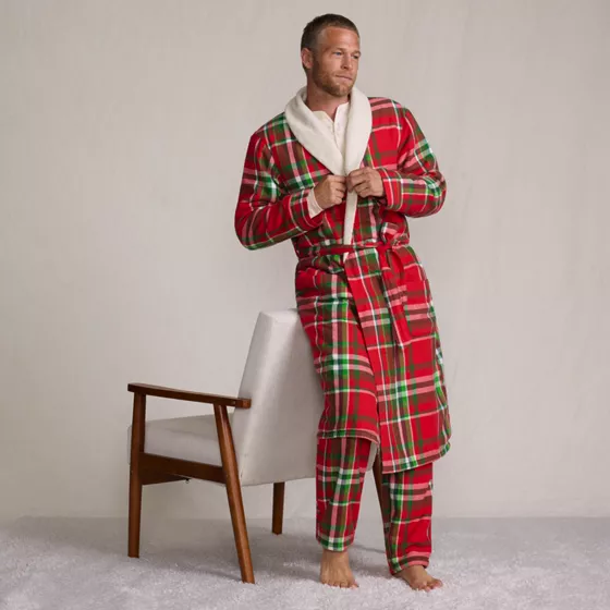 Men's Sherpa Fleece Lined Flannel Robe - primary