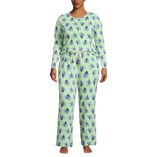  Lands' End Gemustertes Pyjama-set Aus Baumwoll-jersey, Damen, Größe:48-50 Plus, Grün, Elasthan/baumwoll-mischung, By Lands' End 