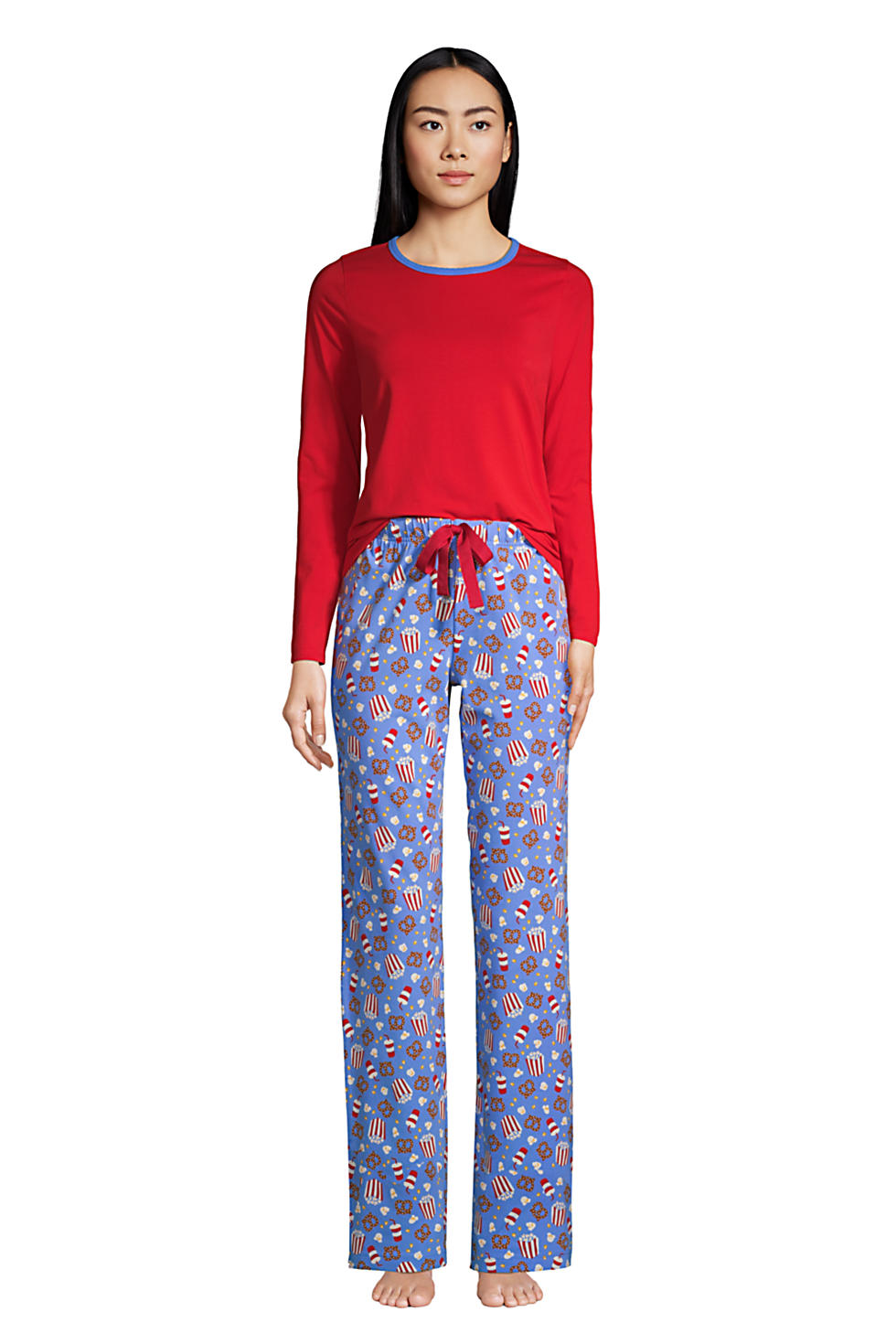 Lands End Women's Knit Pajama Set Long Sleeve T-Shirt and Pants (Chicory Blue Movie Night)