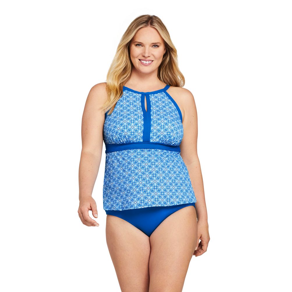 Women's Plus Size Halter Back Blue Print Swim Dress