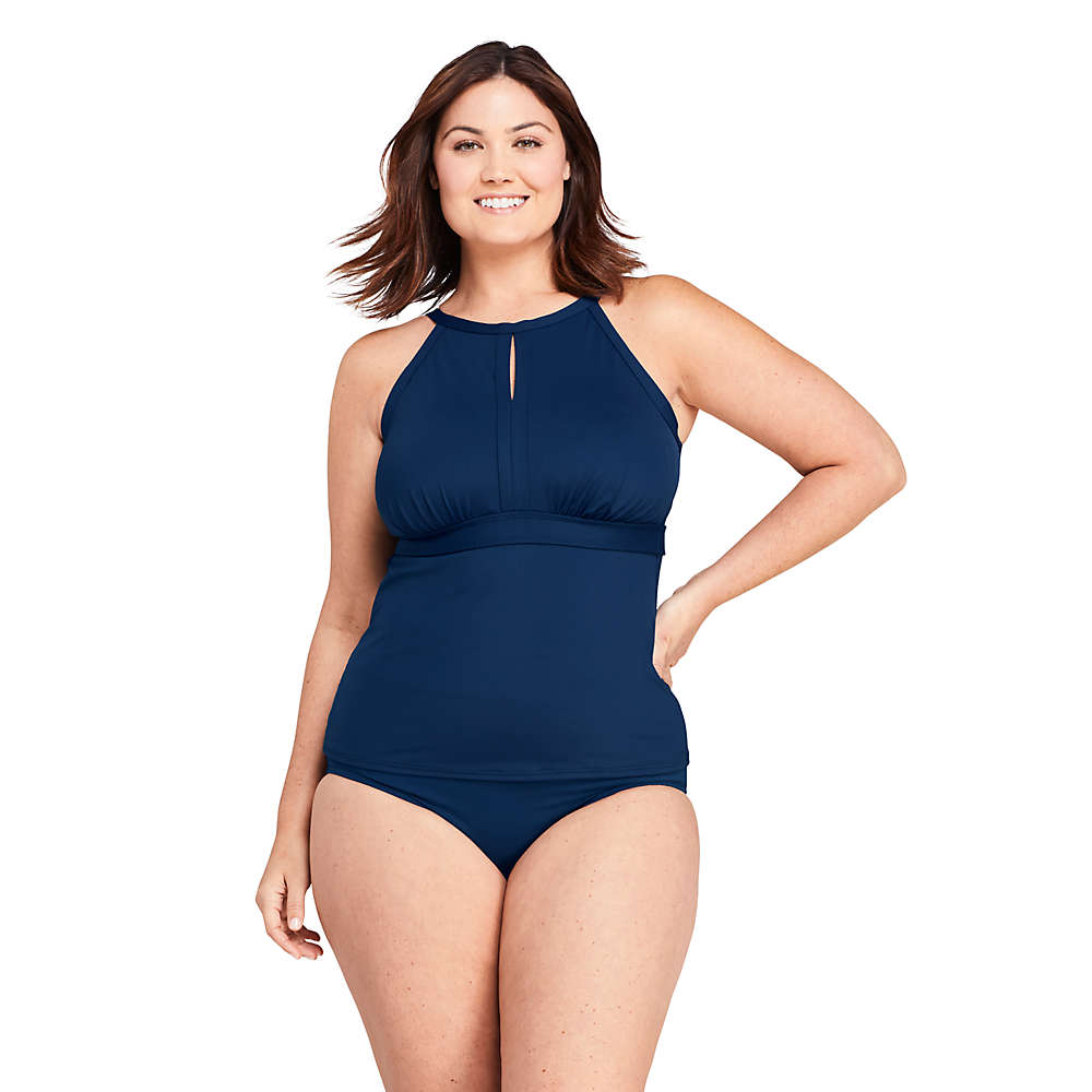 Women's Plus Size DDD-Cup Keyhole High Neck Modest Tankini Top Swimsuit Adjustable Straps, Front