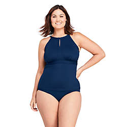 Women's Plus Size DDD-Cup Keyhole High Neck Modest Tankini Top Swimsuit Adjustable Straps, Front