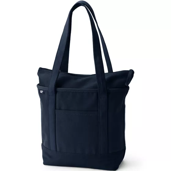 Medium Solid Color 5 Pocket Zip Top Long Handle Canvas Tote Bag - primary
