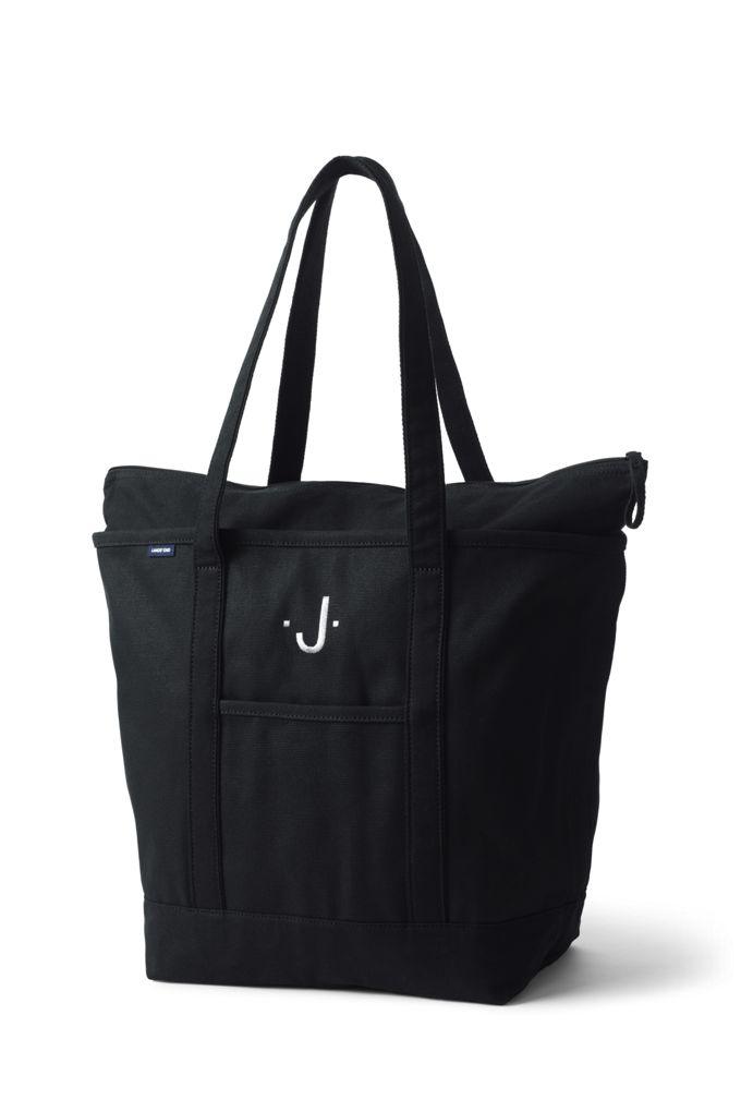 Image of Large Solid Color Zip Top Long Handle Canvas Tote Bag - Lands' End - Black