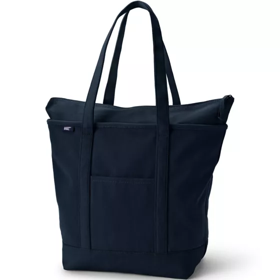 Large Solid Color 5 Pocket Zip Top Long Handle Canvas Tote Bag - primary