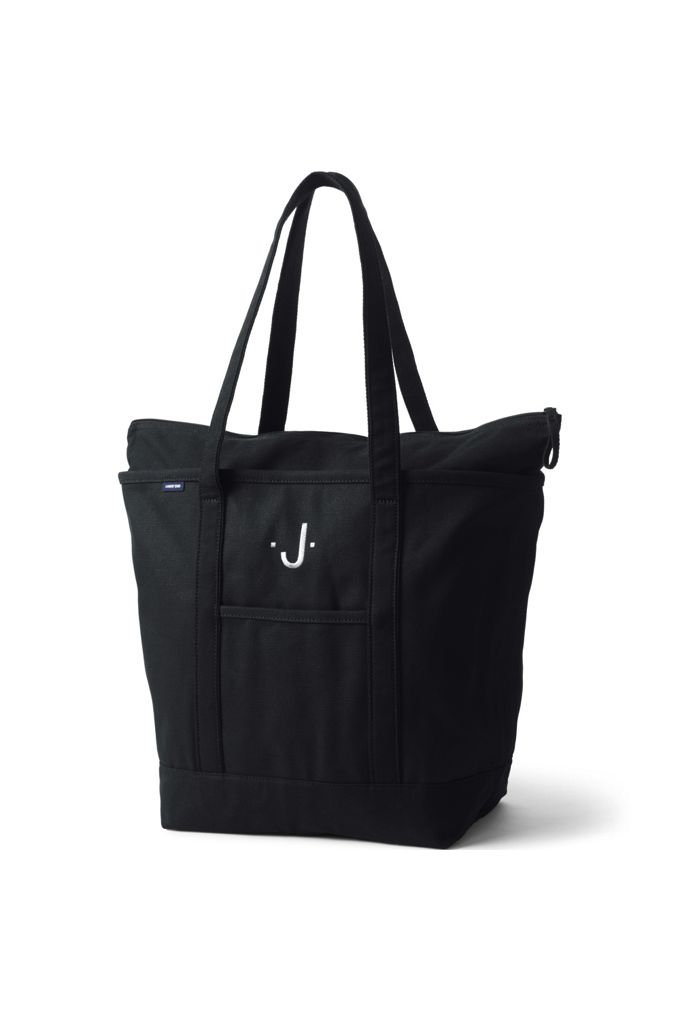 Large Solid Color 5 Pocket Zip Top Long Handle Canvas Tote Bag - Lands' End - Black