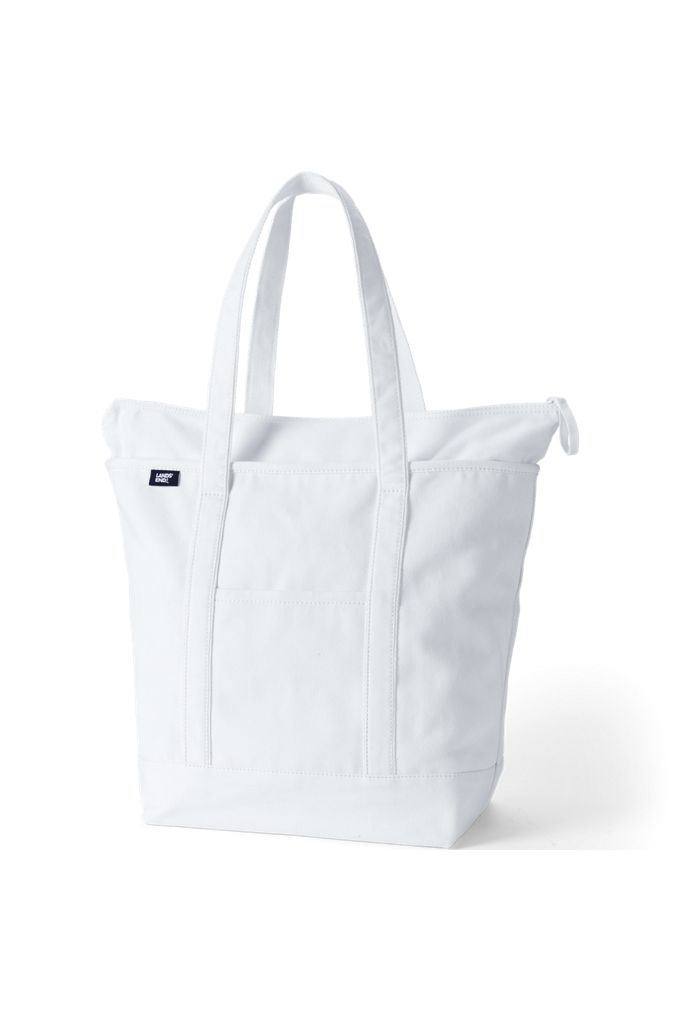 Large Solid Color 5 Pocket Zip Top Long Handle Canvas Tote Bag - Lands' End - White