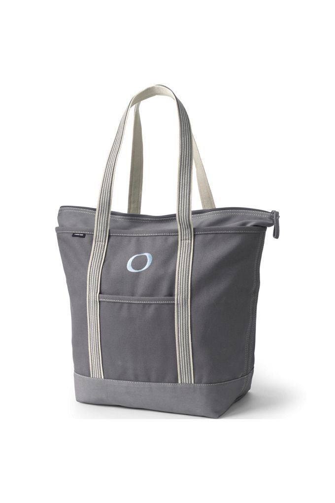 Lands' End Large Solid Color 5 Pocket Zip Top Long Handle Canvas Tote Bag In Gray