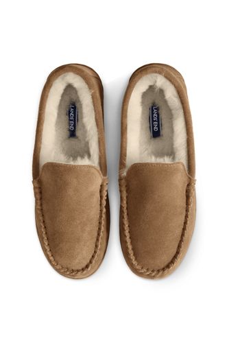 Men's Suede Leather Shearling Fur Moccasin Slippers from Lands' End