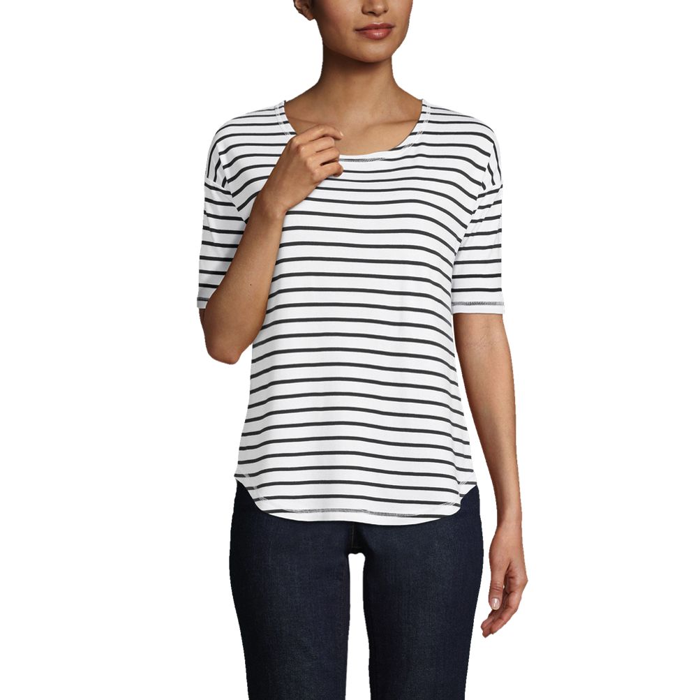 売れ筋商品|||ランズエンド カットソー トップス レディース Women's Supima Micro Modal Elbow Sleeve Balletneck Curved Hem Stripe Top White/true navy stripe Women's Supima Micro Modal Elbow Sleeve Balletneck Curved