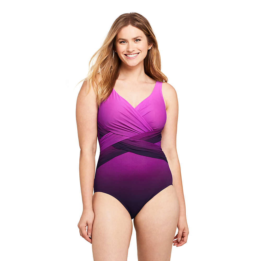 Women's Slender Tummy Control Chlorine Resistant V-neck Wrap One Piece Swimsuit Print, Front