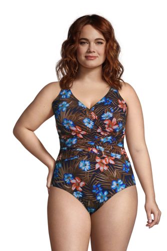 Lands End Womens Slender Wrap One Piece Swimsuit with Tummy Control Print