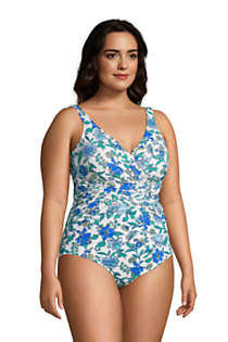 Lands End Womens Slender Wrap One Piece Swimsuit with Tummy Control Print