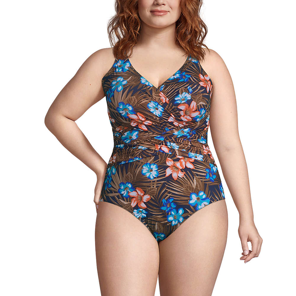 Women's Plus Size Slender Tummy Control Chlorine Resistant V-neck Wrap One Piece Swimsuit Print, Front