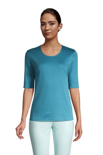 【ランズエンド LANDS' END】レディス・美型シルエット・パーフェクトT／スクープネック／五分袖/S/ブルー