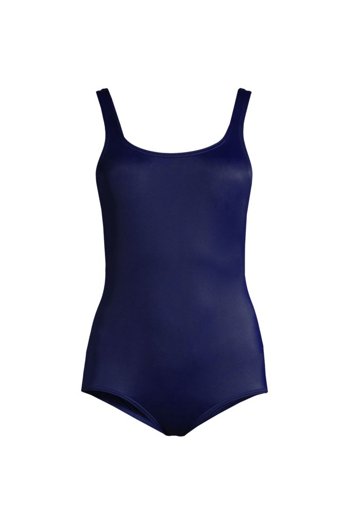 Lands' End Women's Plus Size Tummy Control Tugless Low Leg One Piece Swimsuit In Blue