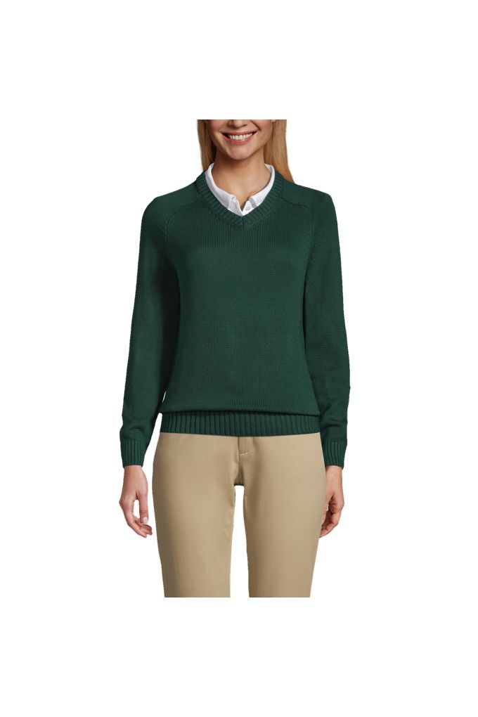 Women's Cotton Modal V-neck Sweater - Lands' End - Green - L