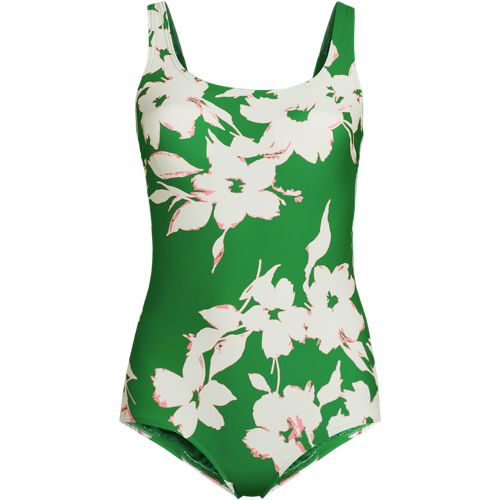 Women's Chlorine Resistant Soft Cup Tugless Sporty One Piece Swimsuit, Fresh Grass Painted Flower