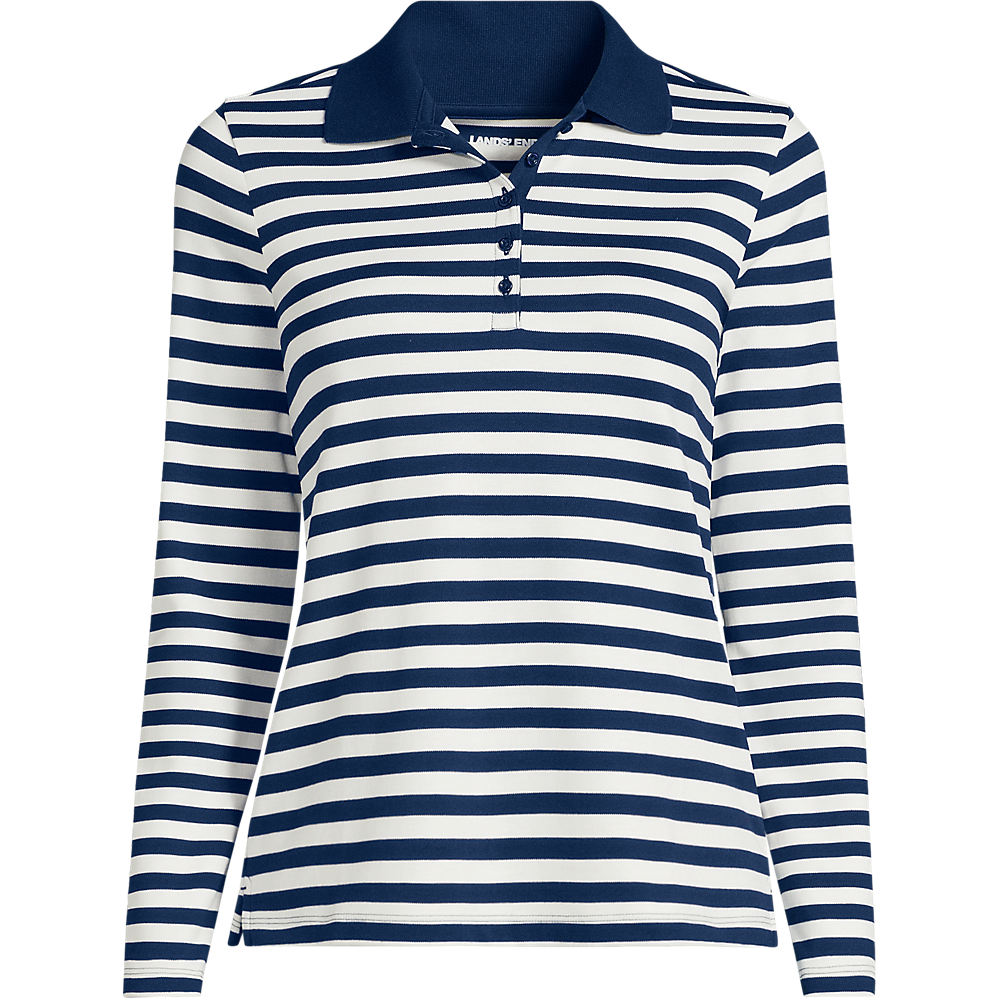 Long Sleeve Supima Cotton Polo Shirt, Women, size: XS, petite, Blue, Cotton, by Lands' End