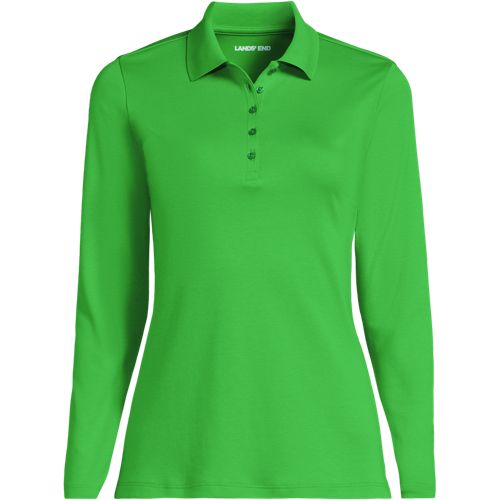 Long Sleeve Supima Cotton Polo Shirt, Women, size: M, petite, Green, Cotton, by Lands' End
