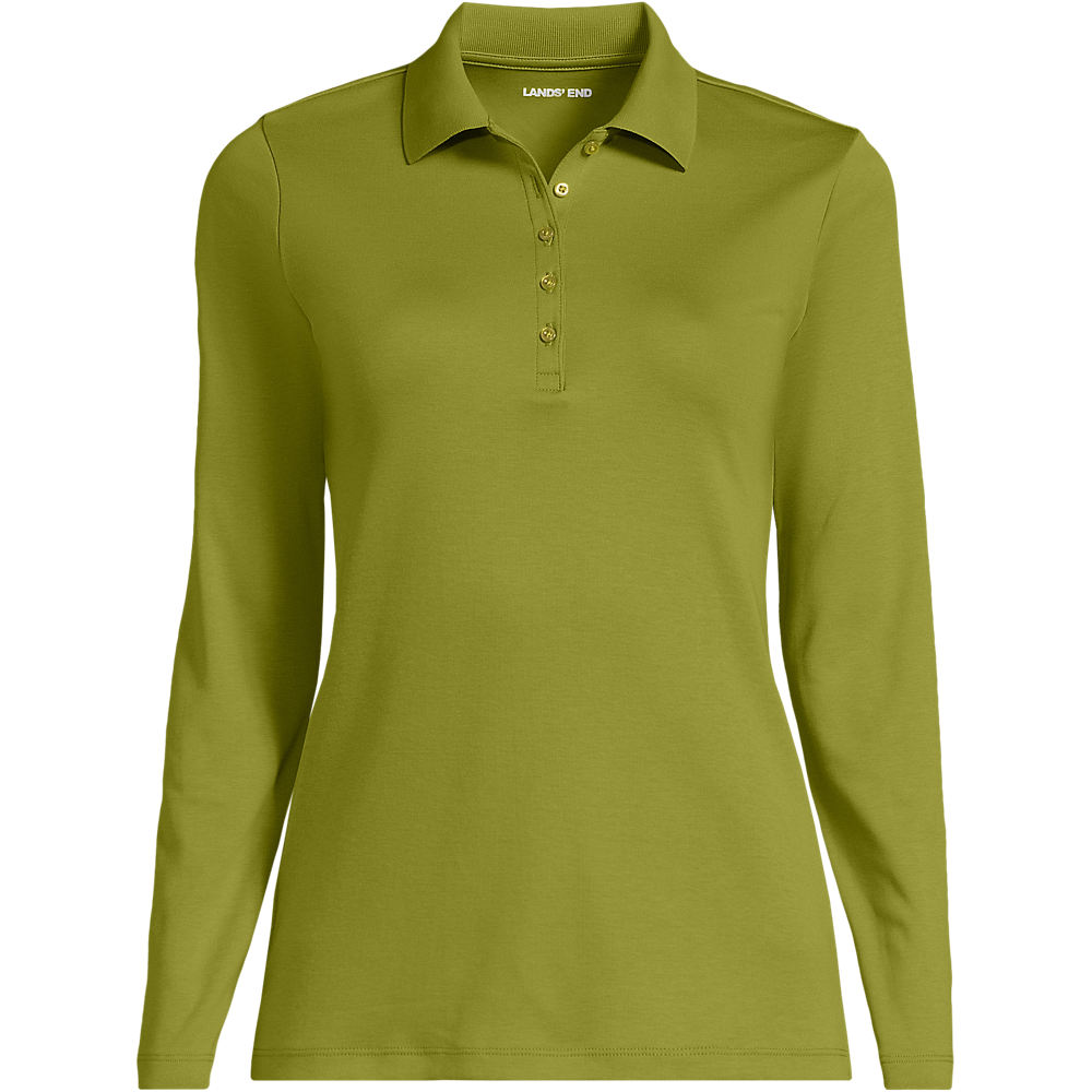 Long Sleeve Supima Cotton Polo Shirt, Women, size: L, petite, Green, Cotton, by Lands' End