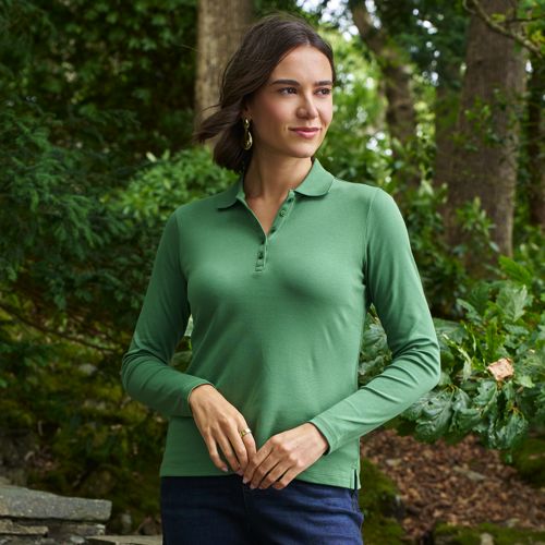 Long Sleeve Supima Cotton Polo Shirt, Women, size: XL, regular, Green, Cotton, by Lands' End