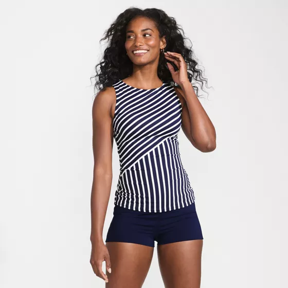 Women's Long Torso High Neck UPF 50 Sun Protection Modest Tankini Swimsuit Top - primary