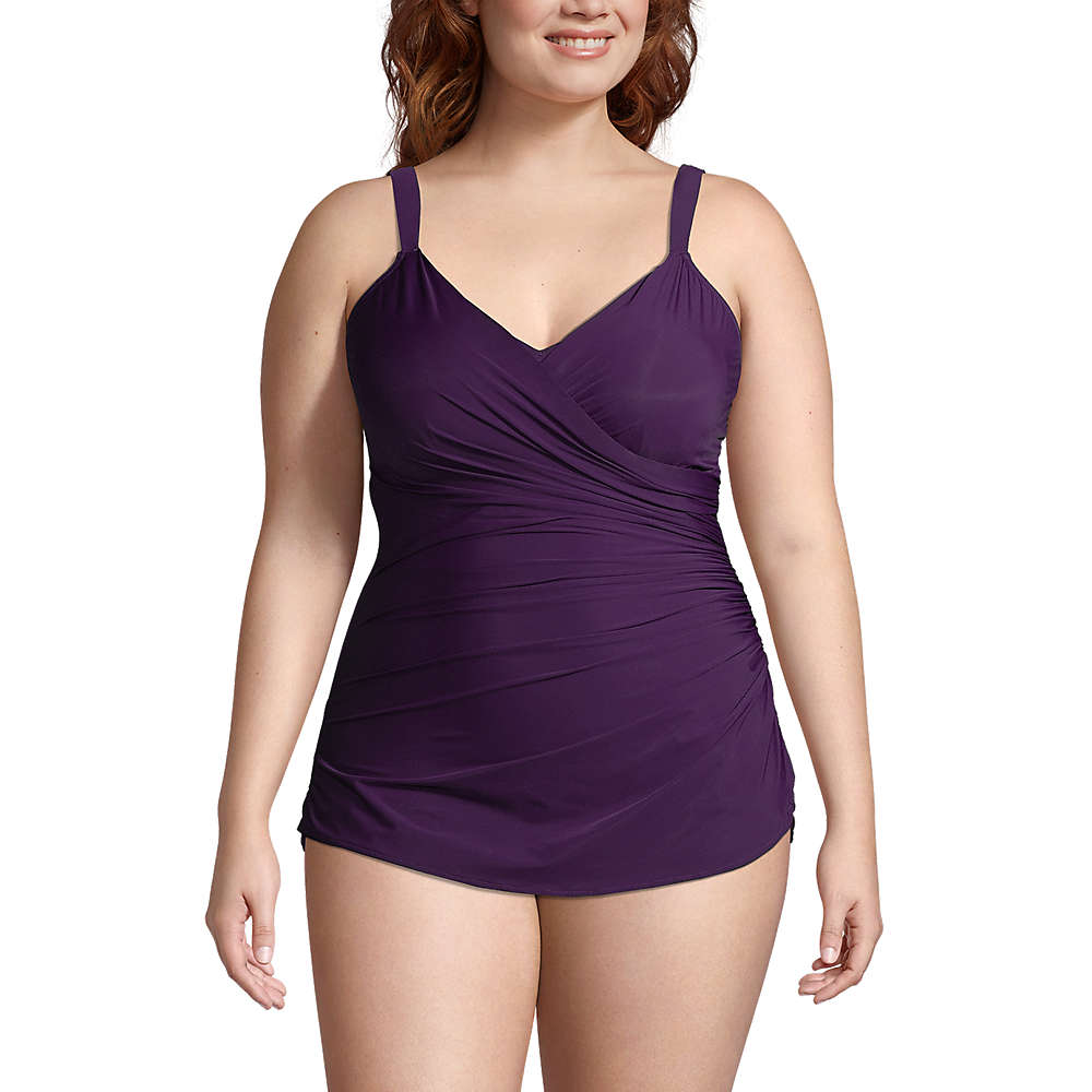 Women's Plus Size Slender V-Neck Tummy Control Chlorine Resistant Skirted One Piece Swimsuit , Front