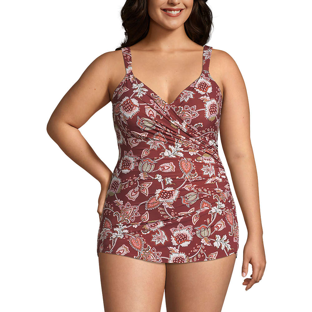 Women's Plus Size Slender V-Neck Tummy Control Chlorine Resistant Skirted One Piece Swimsuit Print, Front