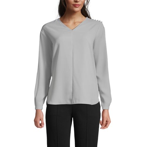 Women's Long Sleeve V-neck Button Shoulder Crepe Blouse