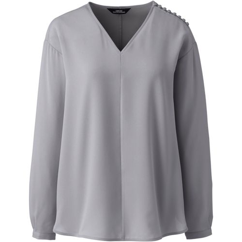 Women's Long Sleeve V-neck Button Shoulder Crepe Blouse