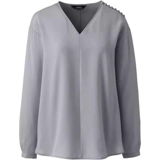 Women's Long Sleeve V-neck Button Shoulder Crepe Blouse - primary