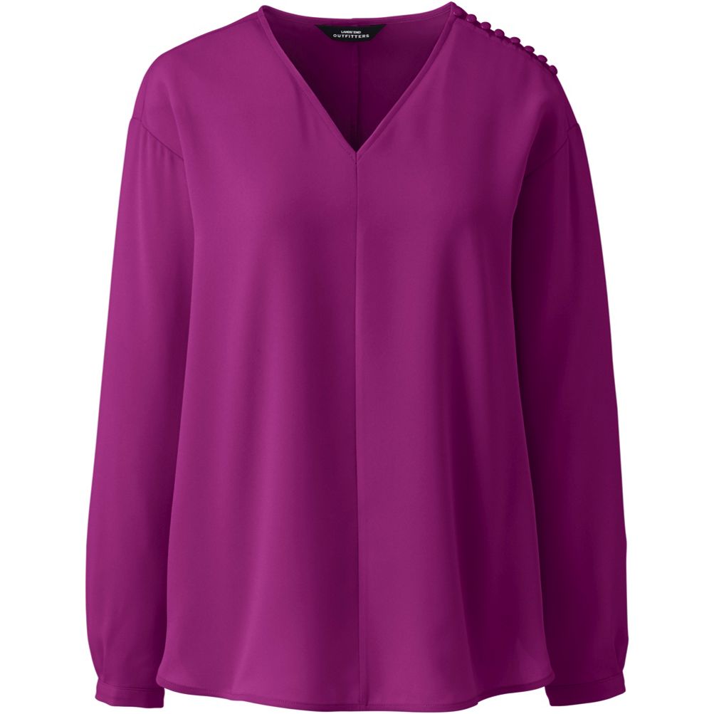 Women's Plus Size Long Sleeve V-neck Button Shoulder Crepe Blouse