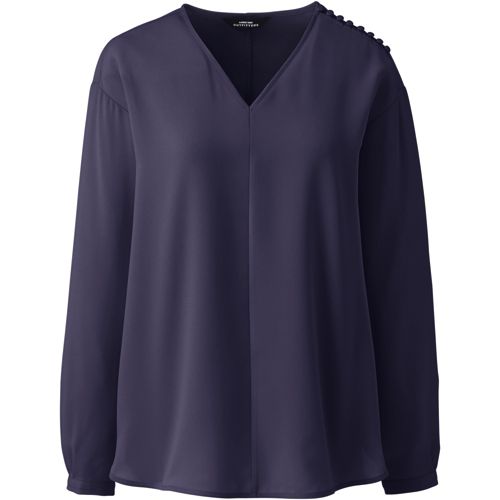 Women's Long Sleeve V-neck Button Shoulder Crepe Blouse