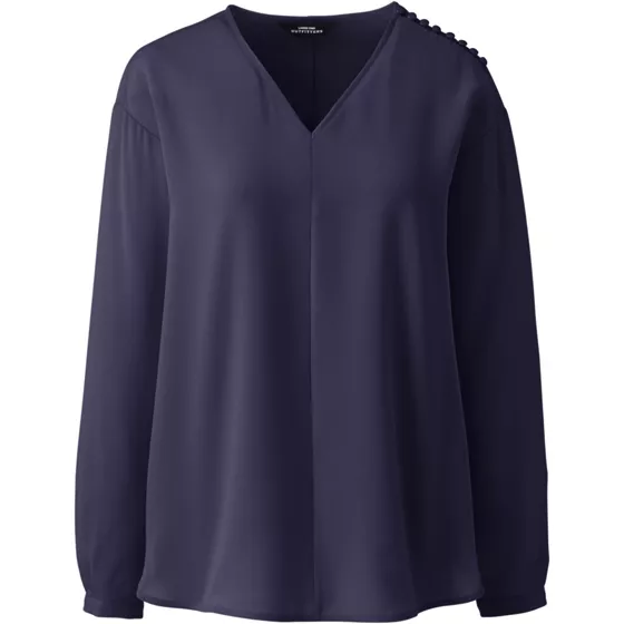 Women's Long Sleeve V-neck Button Shoulder Crepe Blouse - primary
