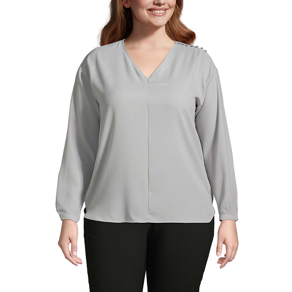 Women's Plus Size Long Sleeve V-neck Button Shoulder Crepe Blouse, Front