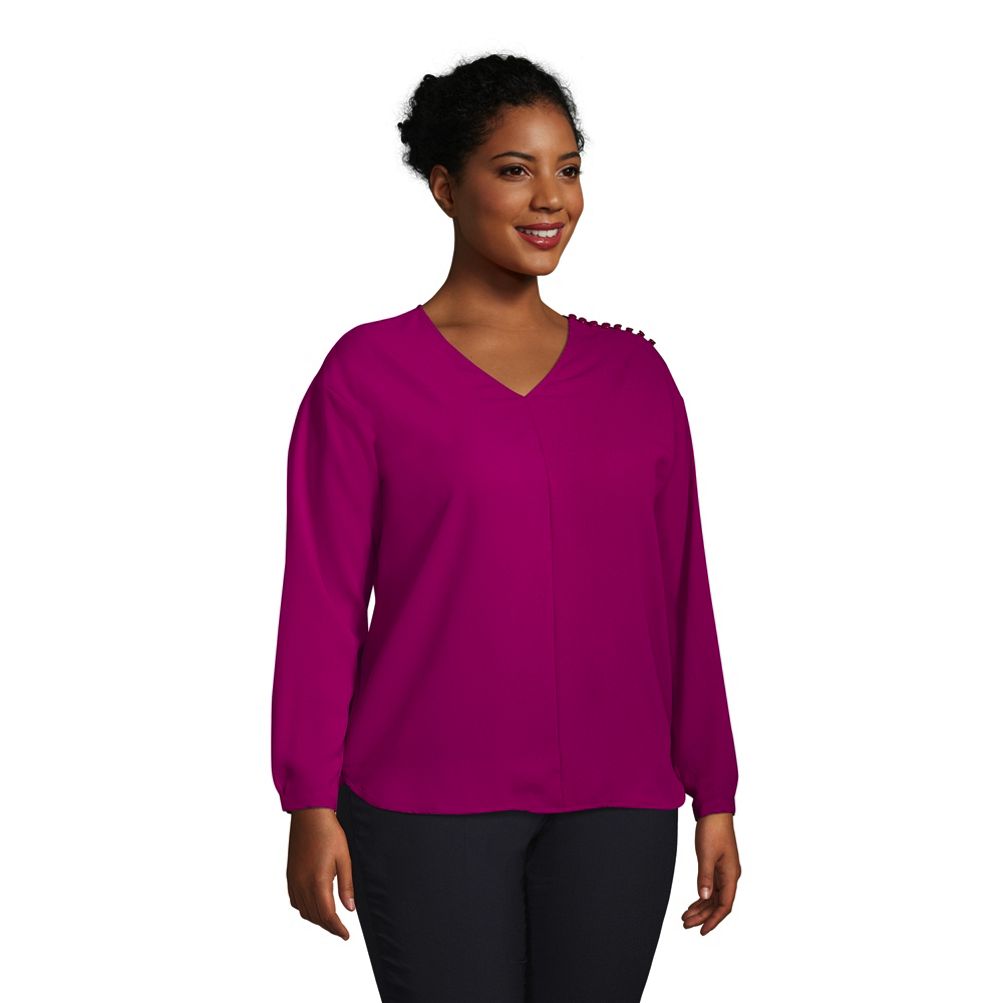 Women's Plus Size Long Sleeve V-neck Button Shoulder Crepe Blouse