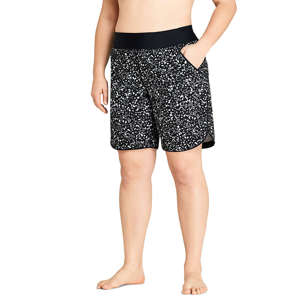 Women's Plus Size 9" Quick Dry Elastic Waist Modest Board Shorts Swim Cover-up Shorts Print, Front