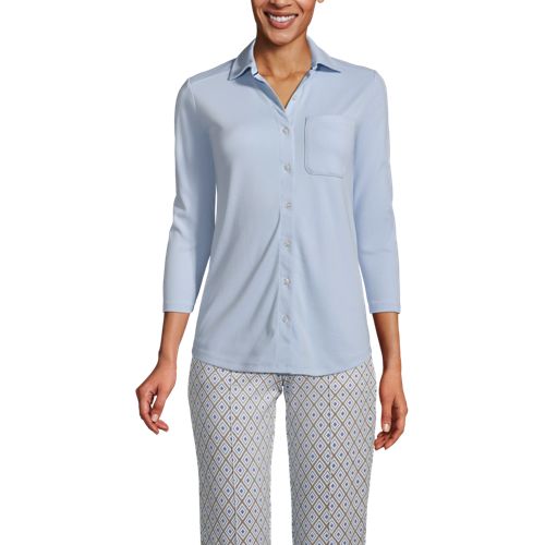 Three-Quarter Sleeve Knit Cotton Shirt, Women, Size: 14-16 Regular, Blue, by Lands’ End