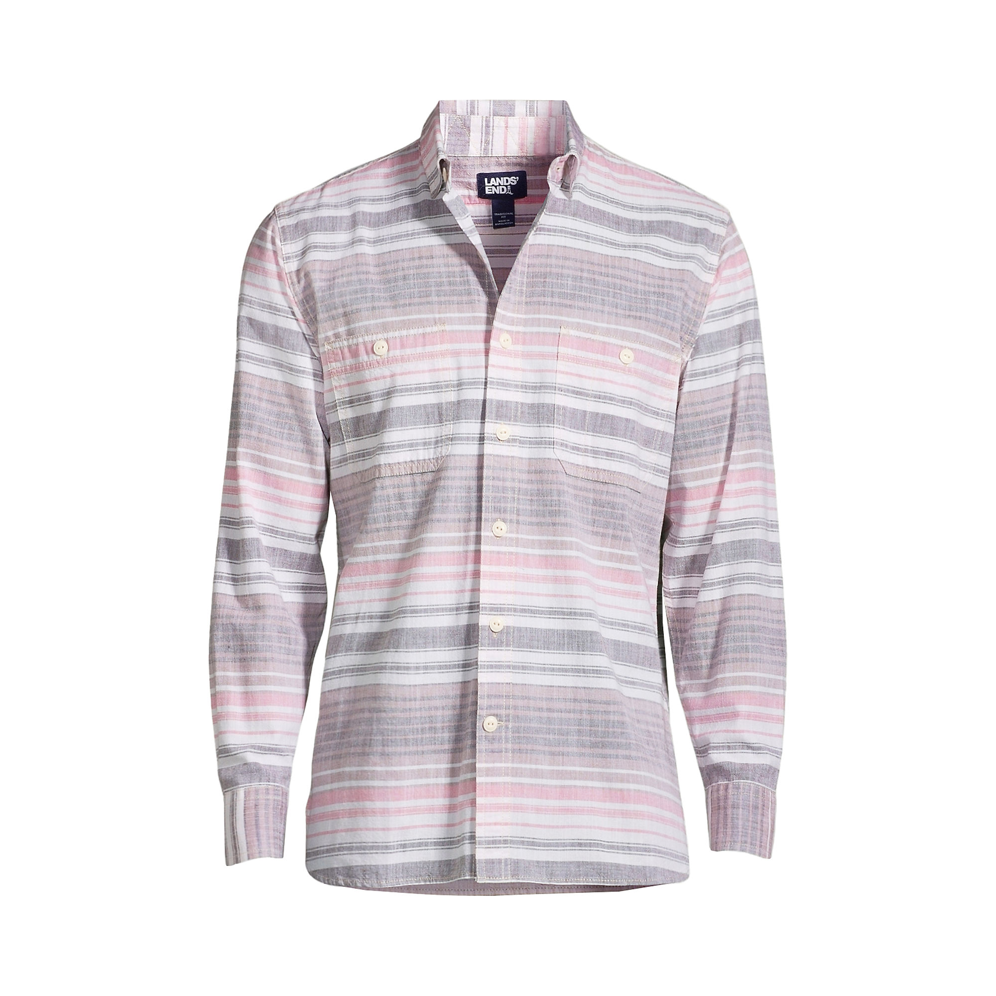 Lands End Men's Traditional Fit Chambray Work Shirt (Soft Mojave Rose Multi Stripe )