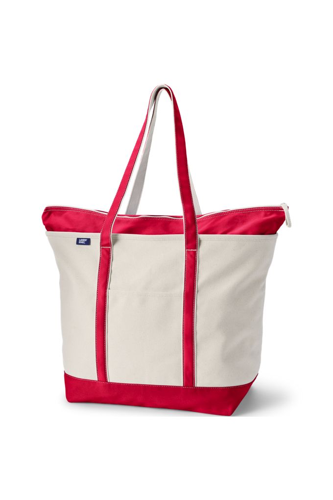 Extra Large Natural 5 Pocket Zip Top Long Handle Canvas Tote Bag - Lands' End - Red
