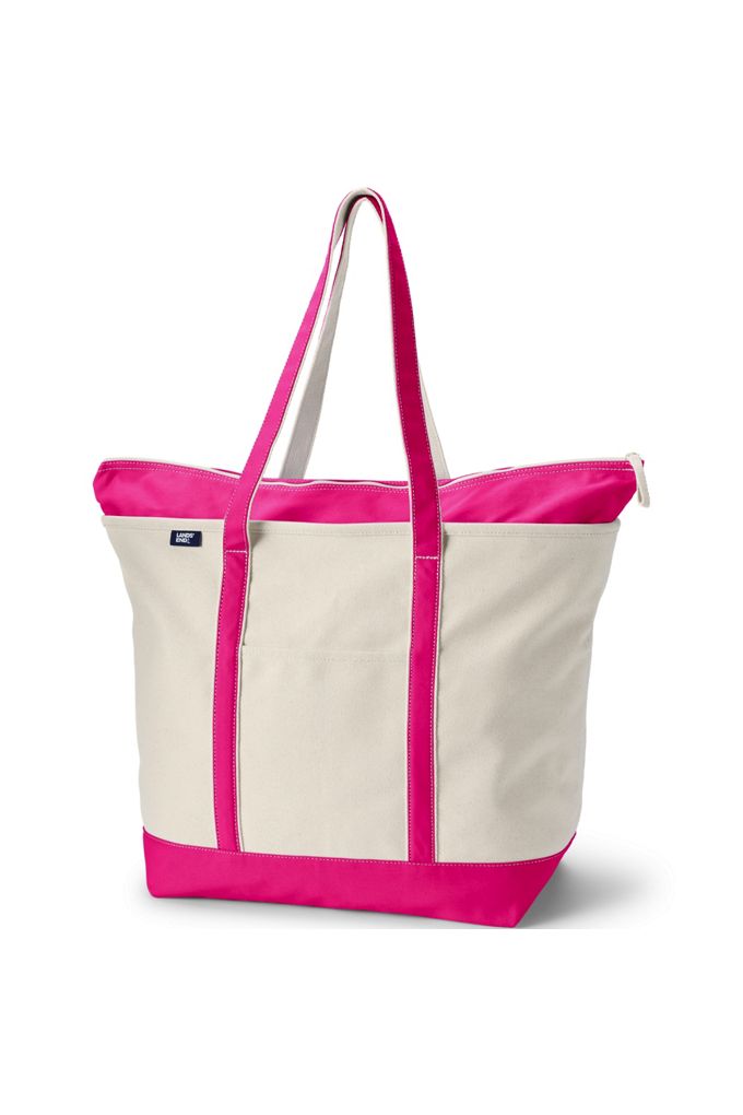 Extra Large 5 Pocket Zip Top Long Handle Canvas Tote Bag - Lands' End - Ivory